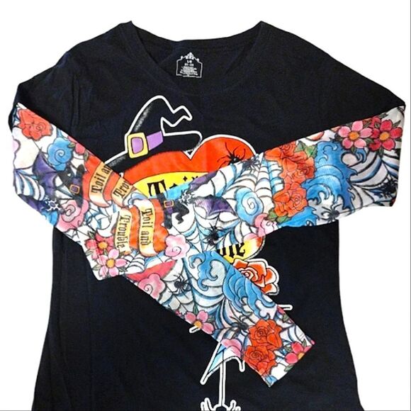 Y2K 00s Black Red Toil And Trouble Tattoo Mesh Long Sleeve Tshirt Large - Picture 6 of 16